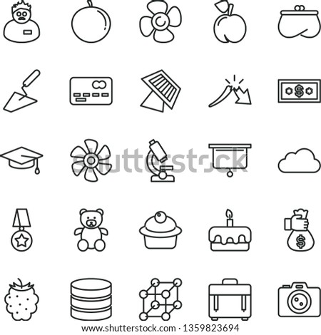 thin line vector icon set - teddy bear vector, trowel, case, muffin, torte, peach, blackberry, tangerine, marine propeller, fan screw, front of the bank card, a crisis, purse, big data, cloud