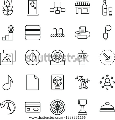 thin line vector icon set - clean sheet of paper vector, plummet, picture, right bottom arrow, mint, half peach, orange, stall, reverse side a bank card, hierarchical scheme, web camera, printer