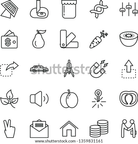 thin line vector icon set - color samples vector, home, received letter, volume, coins, move up, right, jam, apple, kiwi, ripe guava, half tomato, carrot, leaves, mercury thermometer, dna, settings