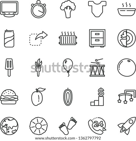 thin line vector icon set - bedside table vector, toys over the cot, Child T shirt, children's tracks, balloon, drumroll, 24, move right, burger, hot porridge, soda can, popsicle, ripe plum, planet