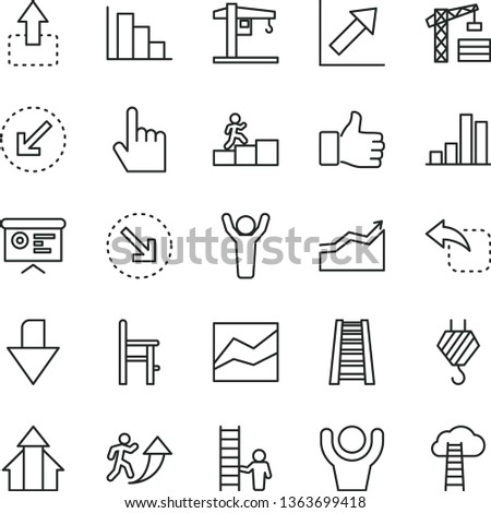 thin line vector icon set - downward direction vector, line chart, growth, positive histogram, a chair for feeding, crane, tower, hook, stepladder, left bottom arrow, index finger, move up, right