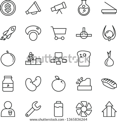 thin line vector icon set - horn vector, Easter cake, japanese sushi, jar of jam, tangerine, delicious apple, physalis, onion, beans, mashroom, charge level, round flask, repair key, cart, dollar