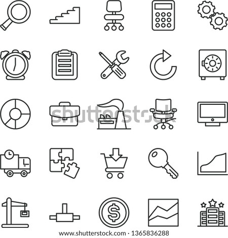 thin line vector icon set - clockwise vector, line chart, Puzzles, small tools, alarm clock, key, screen, suitcase, strongbox, put in cart, delivery, factory, Construction crane, dollar, calculator