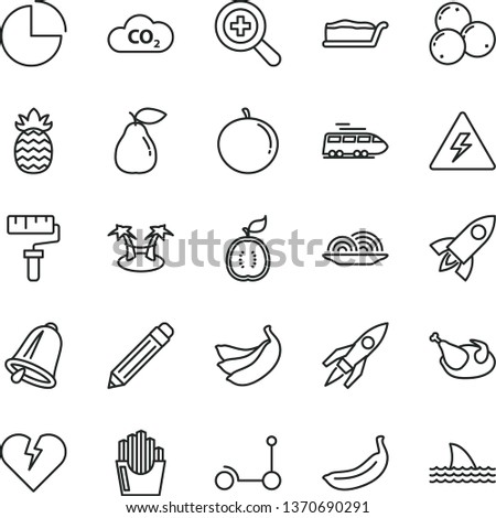 thin line vector icon set - paint roller vector, danger of electricity, graphite pencil, zoom, pie chart, Kick scooter, bell, broken heart, onion, cake slice, chicken, fried potato slices, pear, CO2