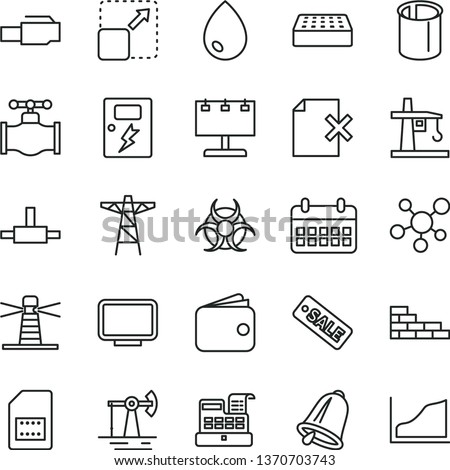 thin line vector icon set - brick wall vector, dangers, bell, drop, delete page, expand picture, working oil derrick, valve, power pole, tower crane, pipes, SIM card, lighthouse, wallet, calendar