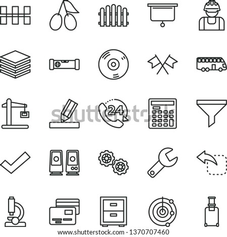 thin line vector icon set - repair key vector, check mark, bedside table, gears, construction level, drawing, ceramic tiles, hedge, pile, cards, 24, move left, cornels, builder, crane, filter, cd