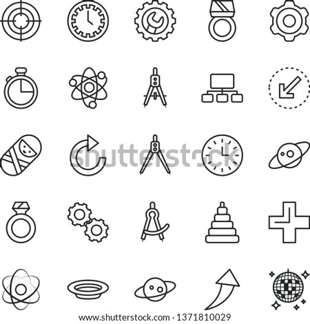 thin line vector icon set - clock face vector, plus, clockwise, stacking toy, tumbler, cogwheel, gear, left bottom arrow, timer, plate, Measuring compasses, scheme, wall watch, atom, gears, saturn