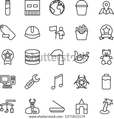 thin line vector icon set - sign of the planet vector, remove label, toys over cradle, teddy bear, box bricks, bucket, construction helmet, music, map, chili, French fries, charge level, manufacture