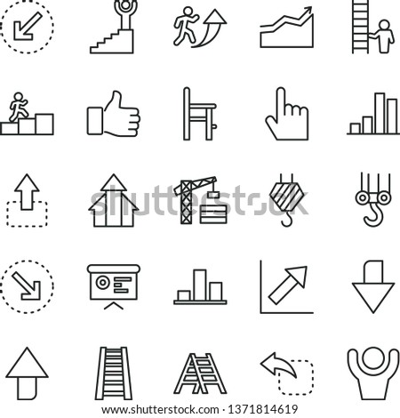 thin line vector icon set - upward direction vector, downward, growth chart, a chair for feeding, tower crane, hook, winch, stepladder, ladder, left bottom arrow, index finger, move up, right, bar