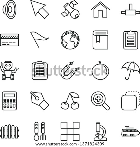 thin line vector icon set - sign of the planet vector, bank card, zoom, wind direction indicator, loudspeaker, book, iron fork spoons, tile, hedge, home, umbrella, copy, cherry, tangerine, magnet