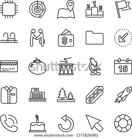 thin line vector icon set - bank card vector, counterclockwise, drumroll, calendar, left bottom arrow, flag, cake, folded shirt, pedestal, Hot Dog, tomato, hydroelectric station, forest, phone call