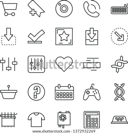 thin line vector icon set - camera vector, add bookmark, minus, download archive data, question, heart, regulator, T shirt, phone call, move down, right bottom arrow, cloth industry, cart, pan, dna