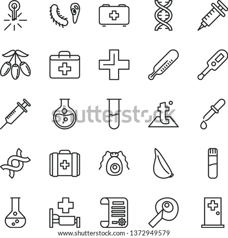 thin line vector icon set - first aid kit vector, plus, electronic thermometer e, mercury, bag of a paramedic, medical, temperature, garlic, goji berry, round flask, research article, test tube, dna