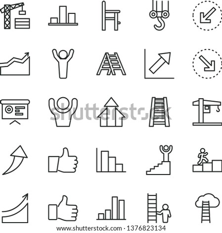 thin line vector icon set - growth chart vector, positive histogram, a chair for feeding, crane, tower, winch hook, stepladder, ladder, left bottom arrow, thumb up, right, bar, financial report