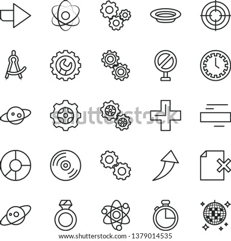 thin line vector icon set - prohibition vector, clock face, right direction, plus, minus, gear, timer, CD, delete page, plate, gears, ring diagram, atom, drawing compass, saturn, diamond, aim