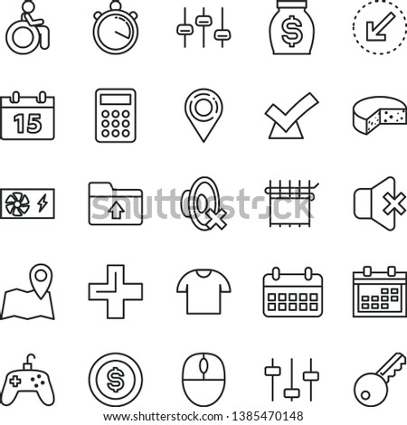 thin line vector icon set - calendar vector, plus, silent mode, upload folder, left bottom arrow, no sound, T shirt, cheese, cloth industry, location, money, calculator, mouse, pc power supply, map