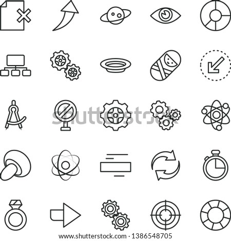 thin line vector icon set - prohibition vector, right direction, renewal, minus, tumbler, left bottom arrow, eye, timer, delete page, porcini, plate, gear, gears, scheme, ring diagram, atom, saturn