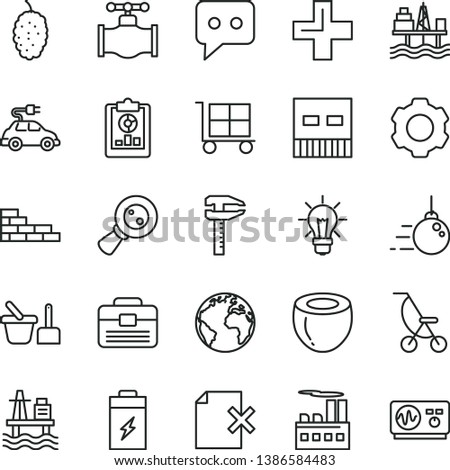 thin line vector icon set - sign of the planet vector, cargo trolley, plus, summer stroller, toy sand set, brick wall, big core, portfolio, delete page, mulberry, half coconut, sea port, valve, bulb