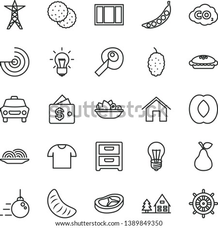 thin line vector icon set - big core vector, window frame, home, car, nightstand, T shirt, onion, pie, a plate of fruit, bacon, pear, biscuit, mulberry, half peach, slice tangerine, peas, bulb