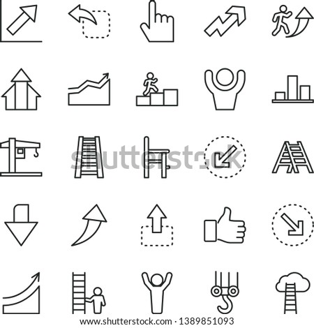 thin line vector icon set - downward direction vector, growth up, chart, a chair for feeding, crane, winch hook, stepladder, ladder, left bottom arrow, index finger, move, right, man, graph, hands