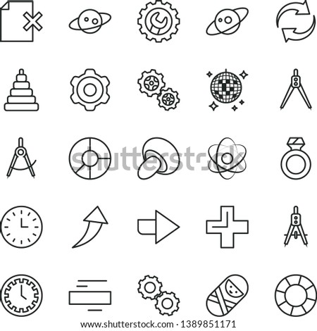 thin line vector icon set - clock face vector, right direction, renewal, plus, minus, stacking toy, tumbler, cogwheel, gear, delete page, porcini, gears, scribed compasses, Measuring, ring diagram
