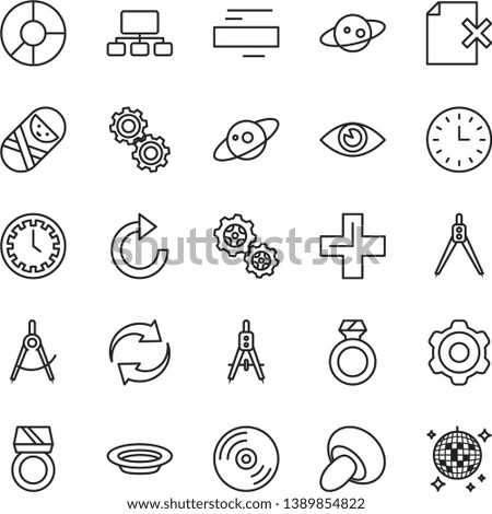 thin line vector icon set - clock face vector, renewal, plus, minus, clockwise, tumbler, cogwheel, eye, CD, delete page, porcini, plate, gears, scribed compasses, Measuring, scheme, ring diagram