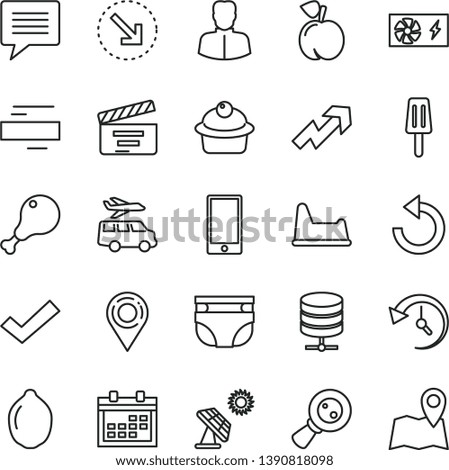 thin line vector icon set - image of thought vector, calendar, growth up, minus, check mark, counterclockwise, movie cracker, nappy, potty chair, smartphone, big data server, right bottom arrow, map