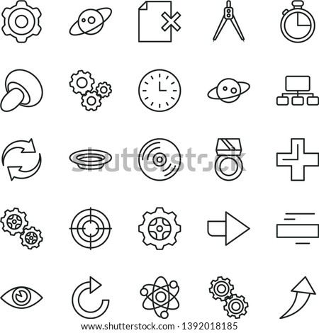 thin line vector icon set - right direction vector, renewal, plus, minus, clockwise, cogwheel, eye, timer, CD, delete page, porcini, plate, gear, gears, scheme, wall watch, atom, drawing compass