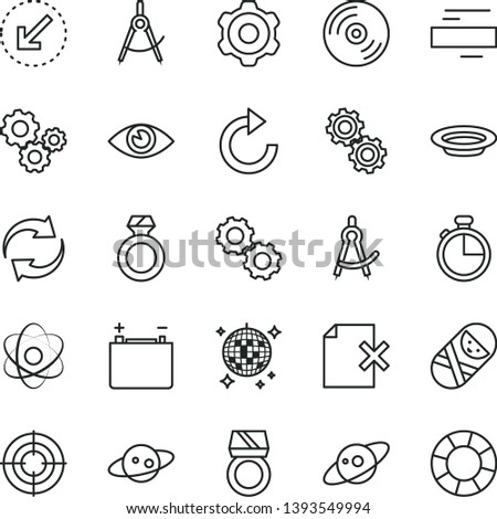 thin line vector icon set - renewal vector, minus, clockwise, tumbler, cogwheel, left bottom arrow, eye, timer, CD, delete page, plate, accumulator, scribed compasses, gears, atom, drawing compass