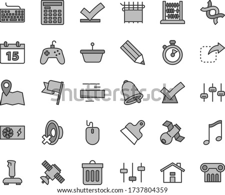 Thin line gray tint vector icon set - house vector, keyboard, minus, silent mode, abacus, putty knife, bell, calendar, dust bin, music, flag, move right, cloth industry, pan, pencil, mouse, joystick
