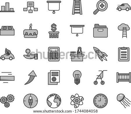 Thin line gray tint vector icon set - sign of the planet vector, zoom, minus, baby cot, sitting stroller, stepladder, building block, folder, torte, bulb, eco car, retro, goal woman, three gears