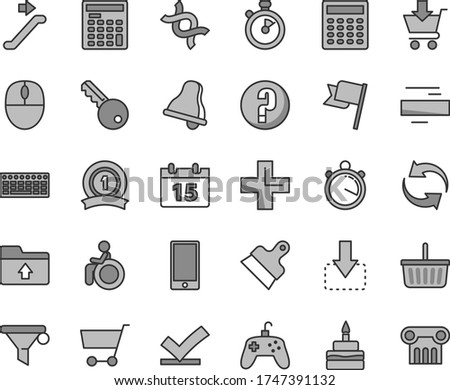 Thin line gray tint vector icon set - bell vector, grocery basket, renewal, plus, minus, upload folder, question, putty knife, calendar, flag, smartphone, put in cart, move down, birthday cake, dna