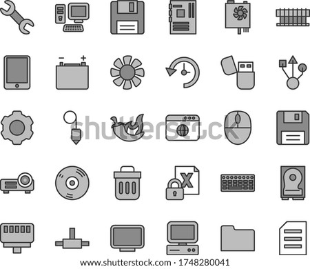 Thin line gray tint vector icon set - plummet vector, chili, accumulator, computer, tablet pc, fan, radiator, encrypting, mouse, keyboard, power supply, motherboard, monitor, hdd, usb, cd, flash