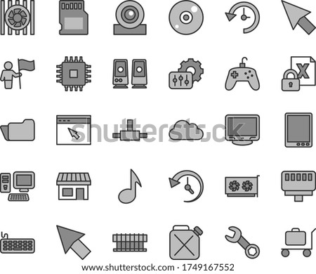 Thin line gray tint vector icon set - canister vector, stall, computer, tablet pc, radiator fan, encrypting, keyboard, cpu, gpu card, monitor, web camera, cd, speaker, browser, folder, connect, note