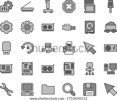 Thin line gray tint vector icon set - mark of injury vector, popsicle, trolley with coal, hierarchical scheme, computer, fan, pc power supply, motherboard, card, gpu, hdd, printer, scanner, folder