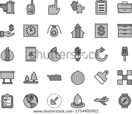 Thin line gray tint vector icon set - briefcase vector, clockwise, camera roll, storage unit, toy mobile phone, Puzzle, tile, putty knife, left bottom arrow, index finger, survey, cake slice, garlic