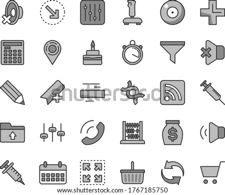 Thin line gray tint vector icon set - camera vector, add bookmark, grocery basket, renewal, plus, minus, silent mode, rss feed, upload folder, abacus, regulator, volume, no sound, phone call, size