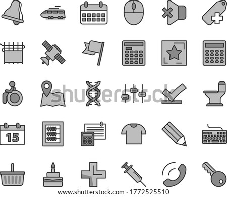 Thin line gray tint vector icon set - bell vector, grocery basket, keyboard, plus, add label, new abacus, comfortable toilet, calculation, calendar, flag, no sound, T shirt, phone call, pencil, dna