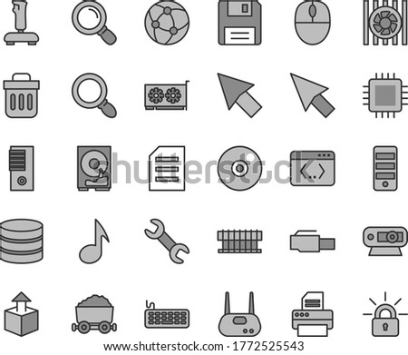 Thin line gray tint vector icon set - unpacking vector, trolley with coal, radiator fan, mouse, keyboard, pc tower, cpu, gpu card, web camera, hdd, router, cd, printer, network, trash bin, floppy