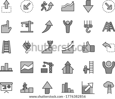 Thin line gray tint vector icon set - upward direction vector, downward, line chart, growth, crane, tower, hook, winch, stepladder, ladder, left bottom arrow, index finger, move up, right, bar, man