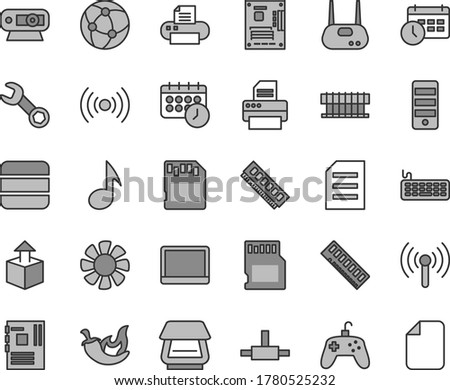 Thin line gray tint vector icon set - unpacking vector, chili, notebook pc, fan, radiator, keyboard, tower, motherboard, memory, web camera, router, printer, scanner, network, connect, wireless