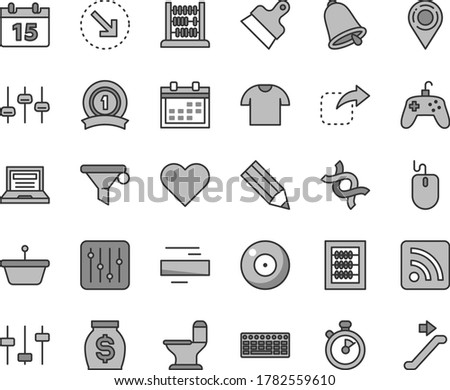 Thin line gray tint vector icon set - camera vector, laptop, calendar, minus, rss feed, new abacus, comfortable toilet, putty knife, bell, heart, regulator, T shirt, move right, bottom arrow, pan