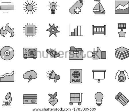 Thin line gray tint vector icon set - cargo trolley vector, minus, add label, line chart, negative histogram, baby cot, bulb, passport, storm cloud, pile, folder, beet, reverse side of a bank card