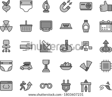Thin line gray tint vector icon set - calendar vector, grocery basket, minus, negative chart, diaper, nappy, a plate of fruit, bottle, beet, plug, hierarchical scheme, cpu, monitor, coding, chair