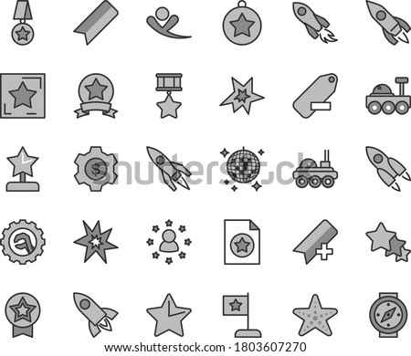 Thin line gray tint vector icon set - add bookmark vector, remove label, star gear, rocket, space, lunar rover, bang, reward, medal, flag, hero, ribbon, certificate, dollar, stars around man, three