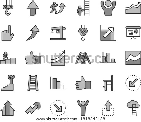 Thin line gray tint vector icon set - upward direction vector, growth up, line chart, positive histogram, a chair for feeding, crane, hook, winch, stepladder, ladder, left bottom arrow, index finger