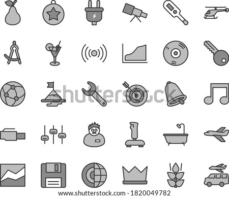 Thin line gray tint vector icon set - line chart vector, electronic thermometer e, bath, key, bell, pear, mint, plug, repair, cd, network, floppy, lan connector, wireless, note, joystick, telescope