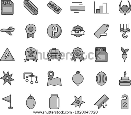 Thin line gray tint vector icon set - danger of electricity vector, add bookmark, minus, remove label, pennant, negative histogram, question, toys over the cot, winch hook, car, Hot Dog, medlar, jar