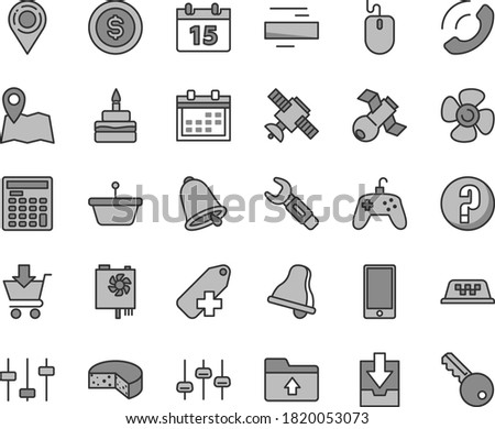 Thin line gray tint vector icon set - bell vector, calendar, minus, add label, download archive data, upload folder, question, smartphone, put in cart, phone call, cheese, birthday cake, fan screw