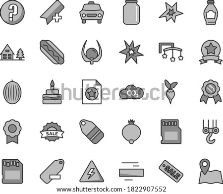Thin line gray tint vector icon set - danger of electricity vector, add bookmark, minus, remove label, question, toys over the cot, winch hook, car, Hot Dog, birthday cake, bottle, medlar, melon